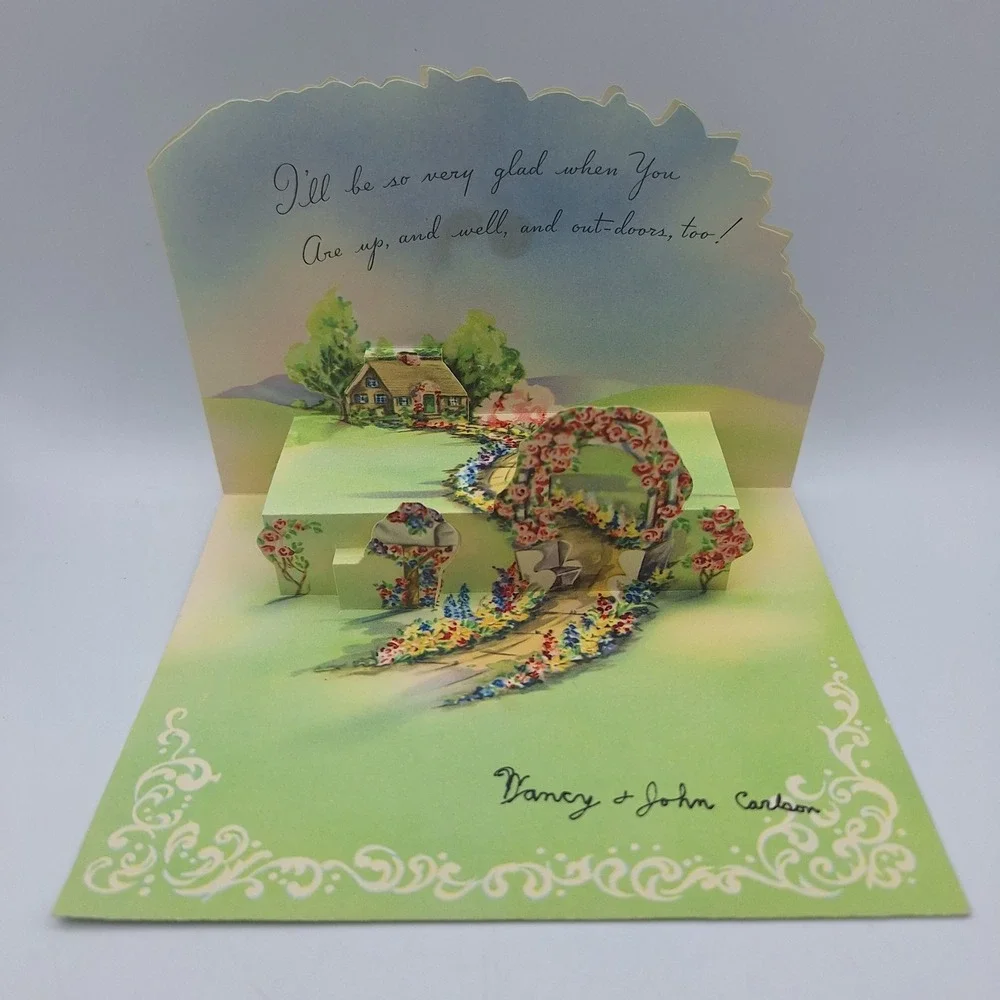 Vintage Carlson Pop Up Get Well Card Cottage‎ Floral Design